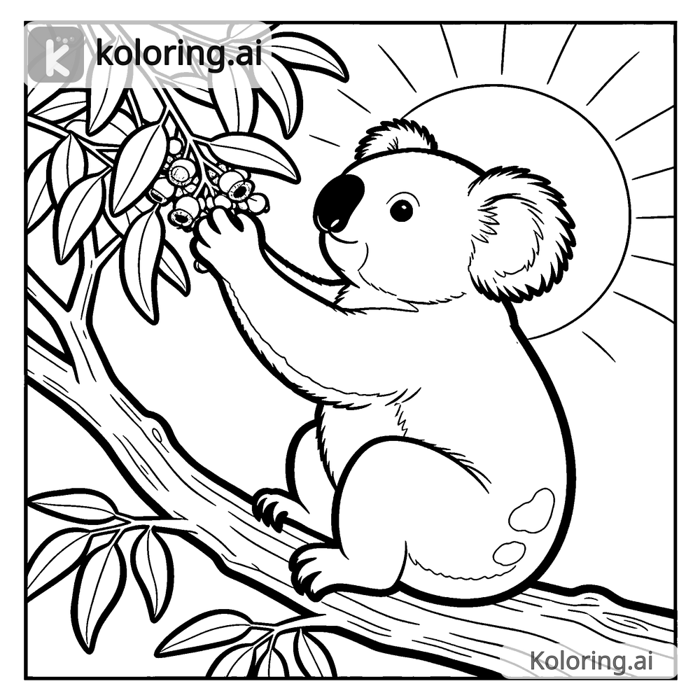 Black and white coloring page of koala reaching for leaves at sunrise