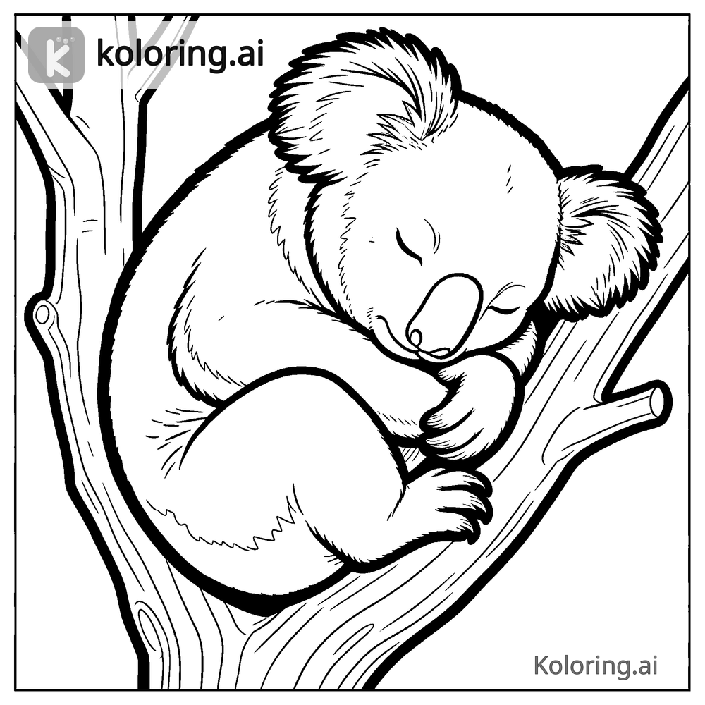 Black and white coloring page of koala sleeping in the crook of a tree