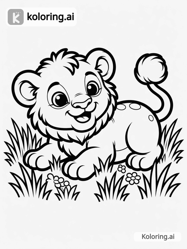 Black and white coloring page of baby lion cub playing in the grass