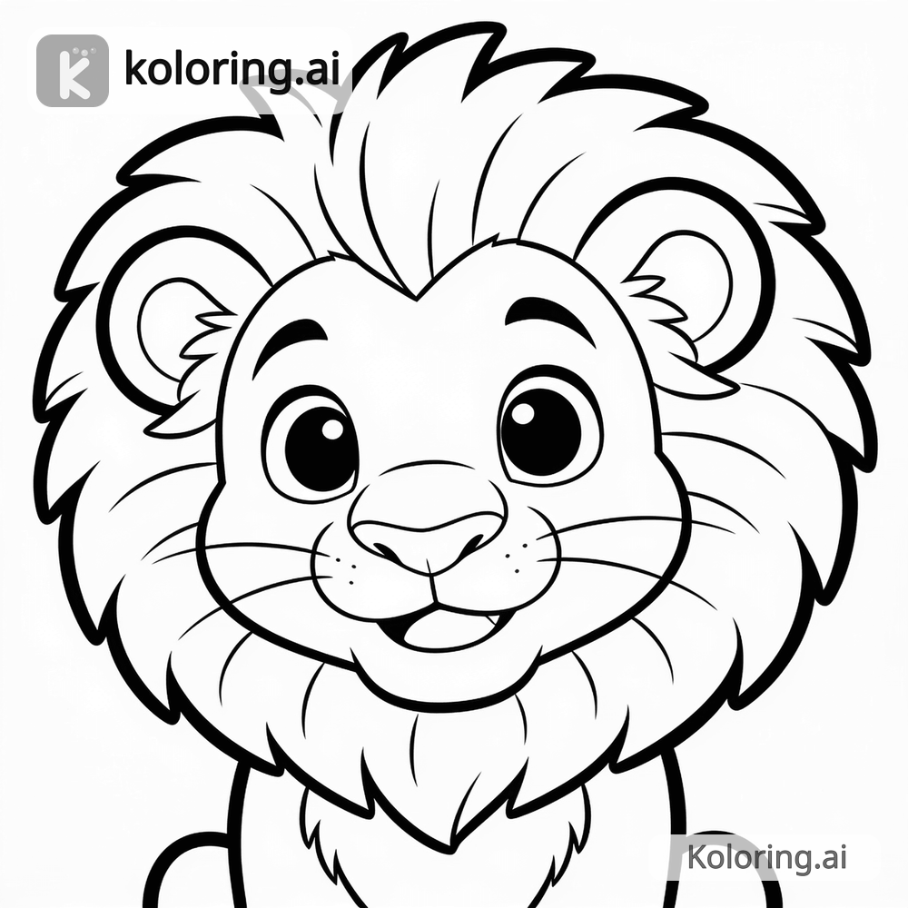 Black and white coloring page of friendly lion cub with a fluffy mane