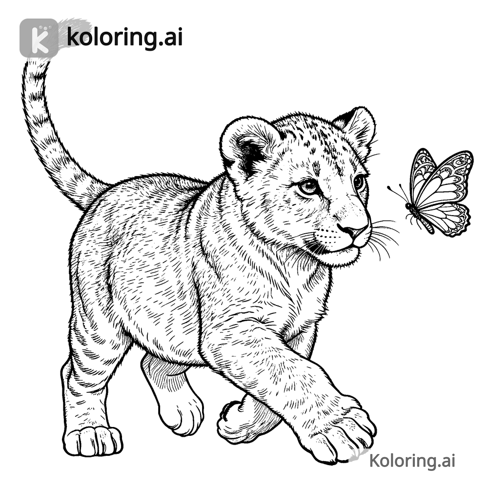 Black and white coloring page of lion cub chasing a butterfly