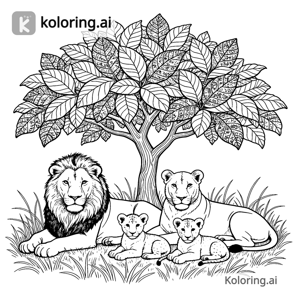 Black and white coloring page of lion family resting under a tree