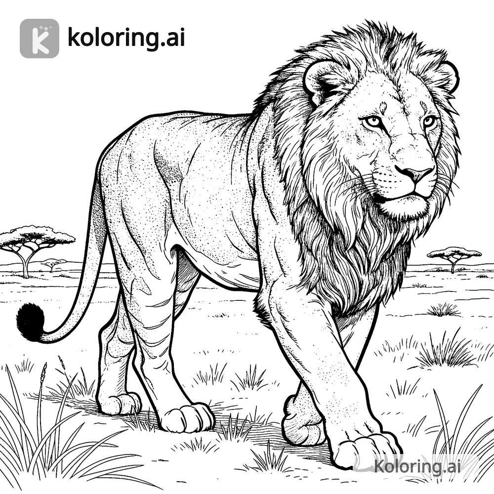Black and white coloring page of lion walking across the savanna
