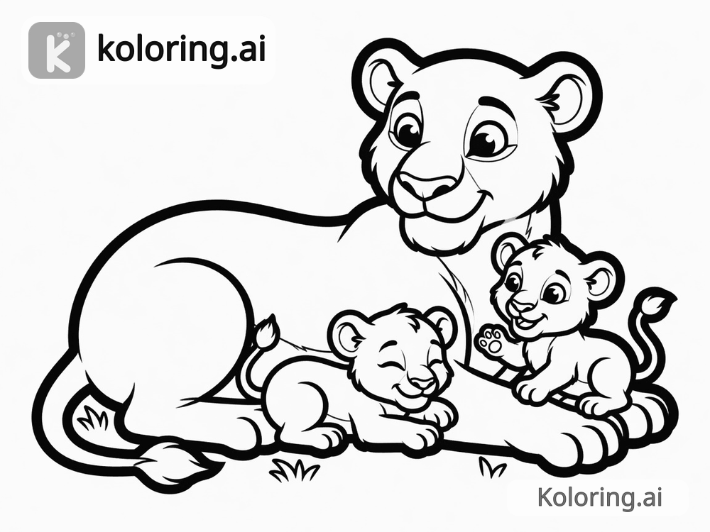 Black and white coloring page of lioness resting with two cubs