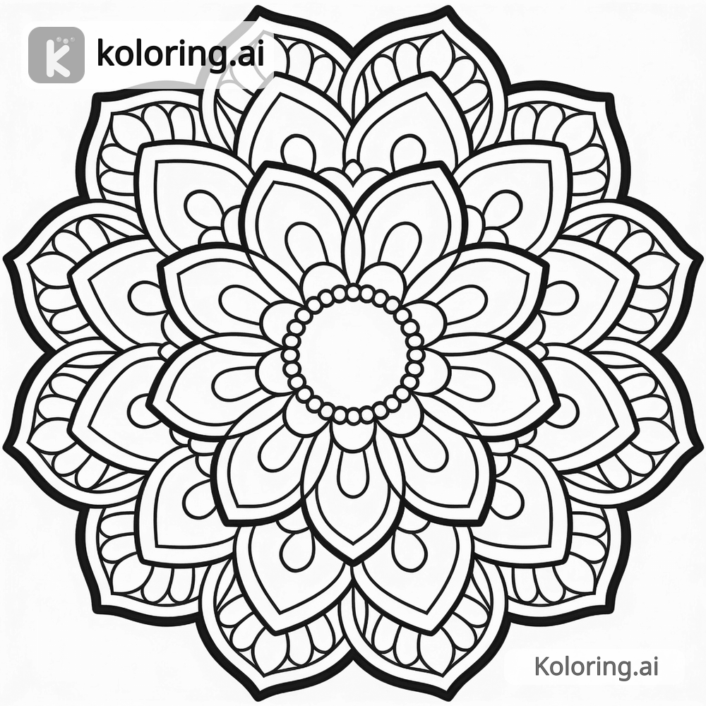 Black and white coloring page of circular mandala with flower petals pattern