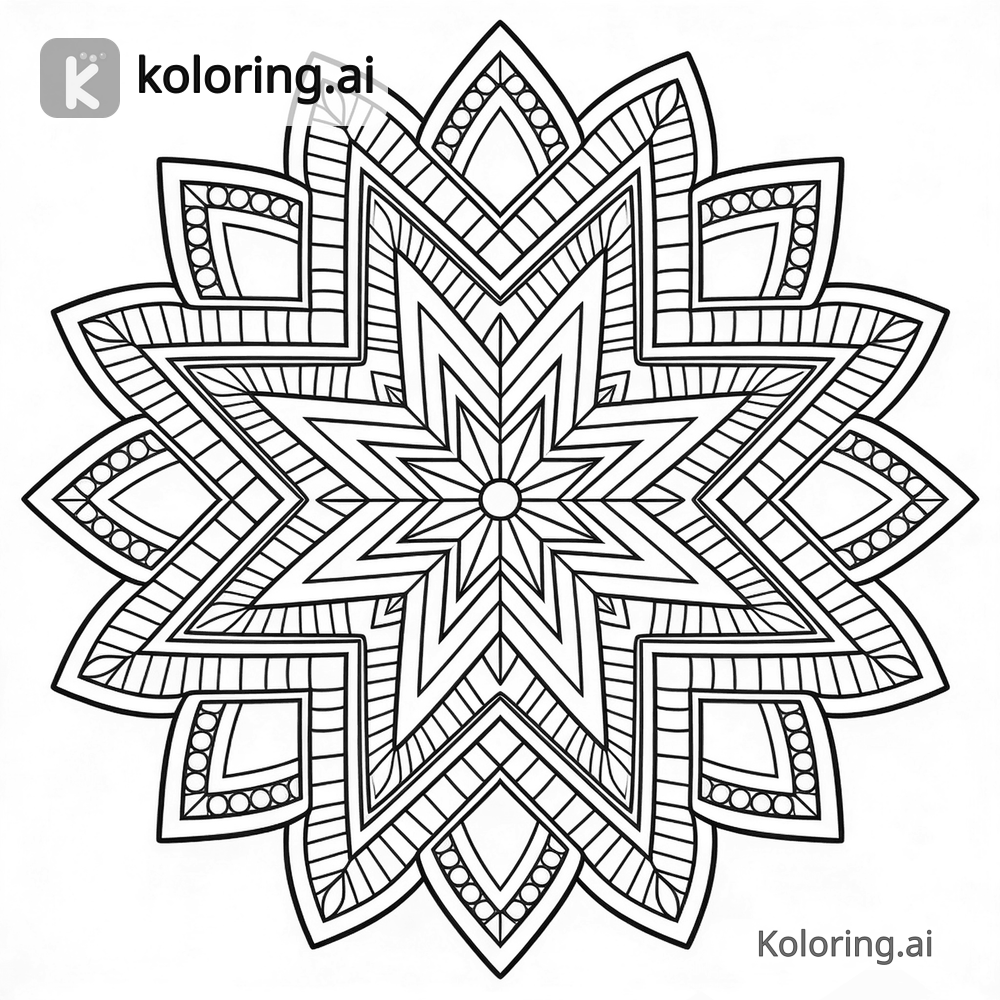Black and white coloring page of geometric mandala with intricate star design
