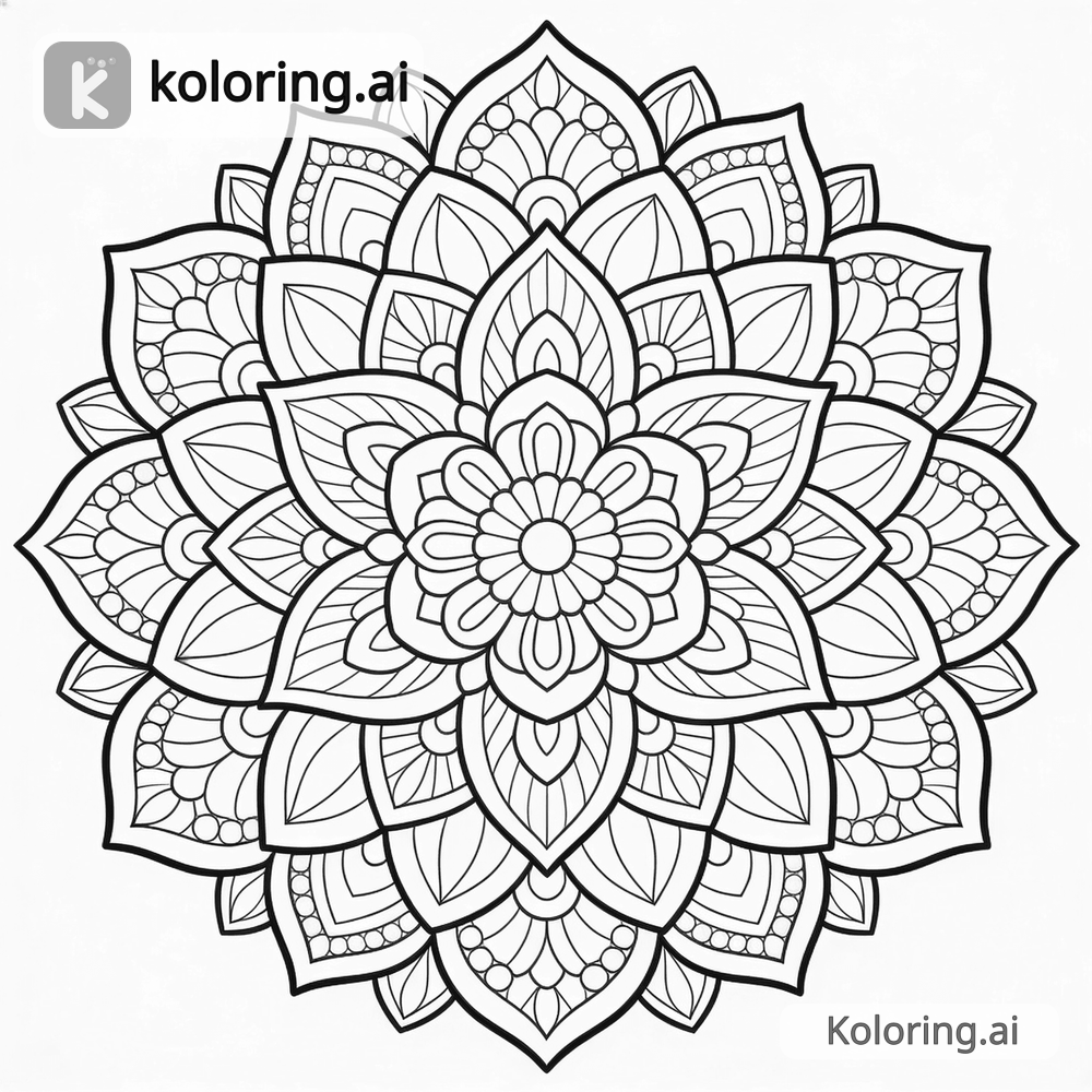 Black and white coloring page of lotus mandala with detailed symmetrical design