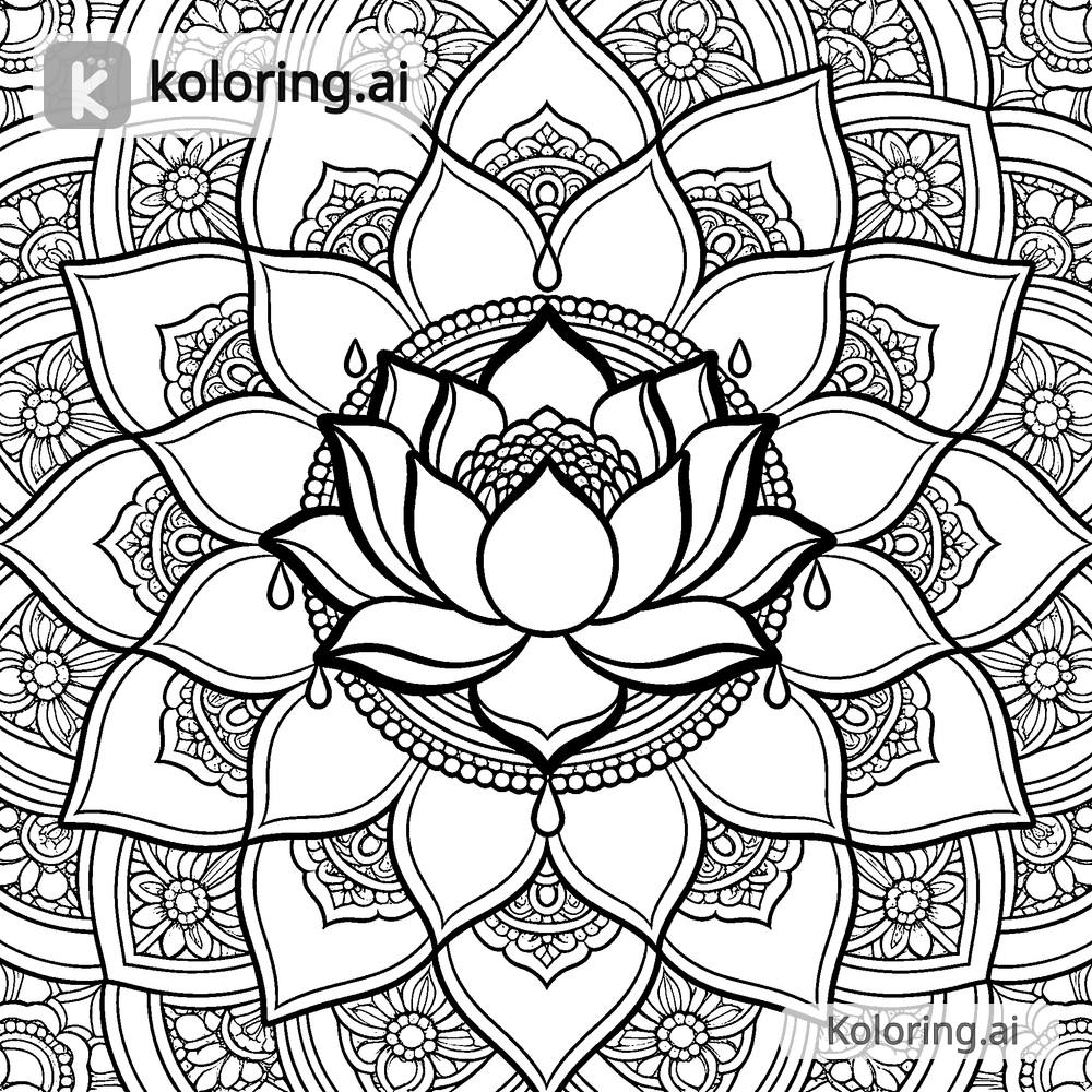 Black and white coloring page of mandala with lotus and water drops