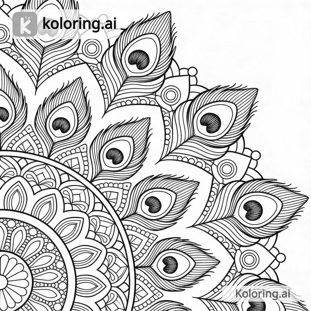 Black and white coloring page of mandala with peacock feather pattern