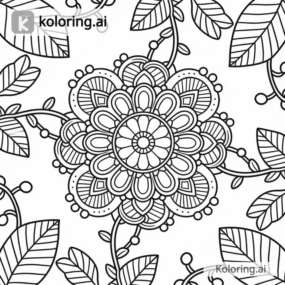 Black and white coloring page of nature-inspired mandala with leaves and vines
