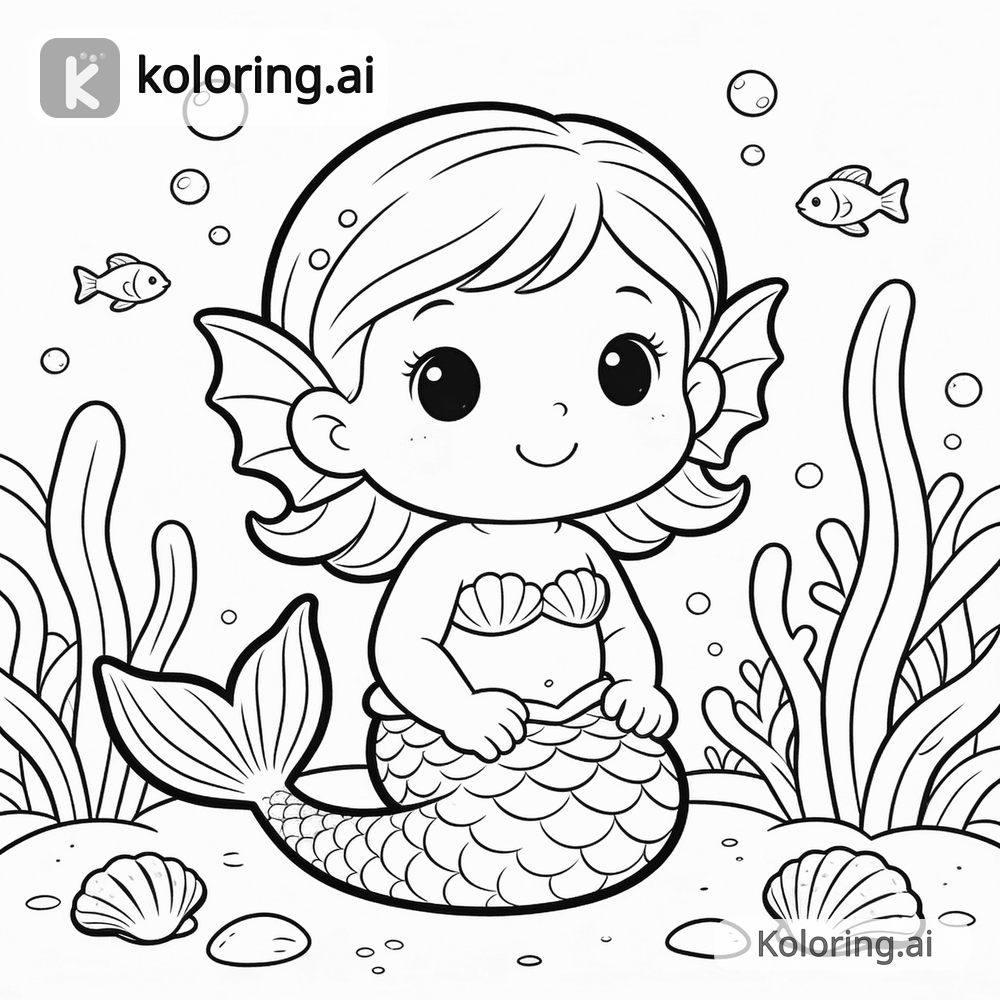 Black and white coloring page of cute baby mermaid in an underwater garden