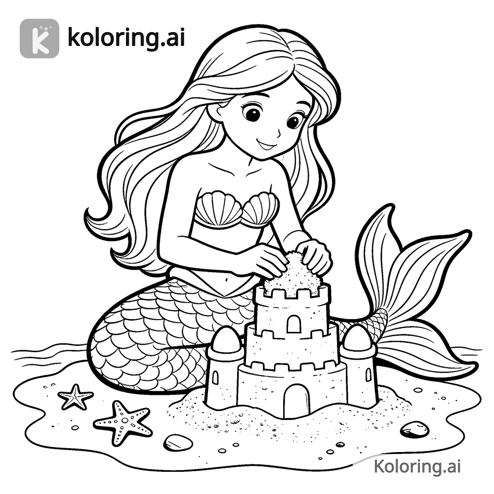 Black and white coloring page of mermaid building an underwater sandcastle