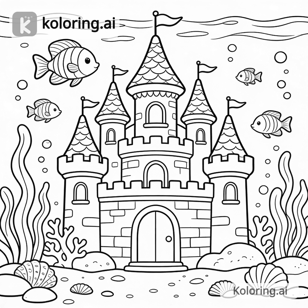 Black and white coloring page of mermaid castle deep in the ocean