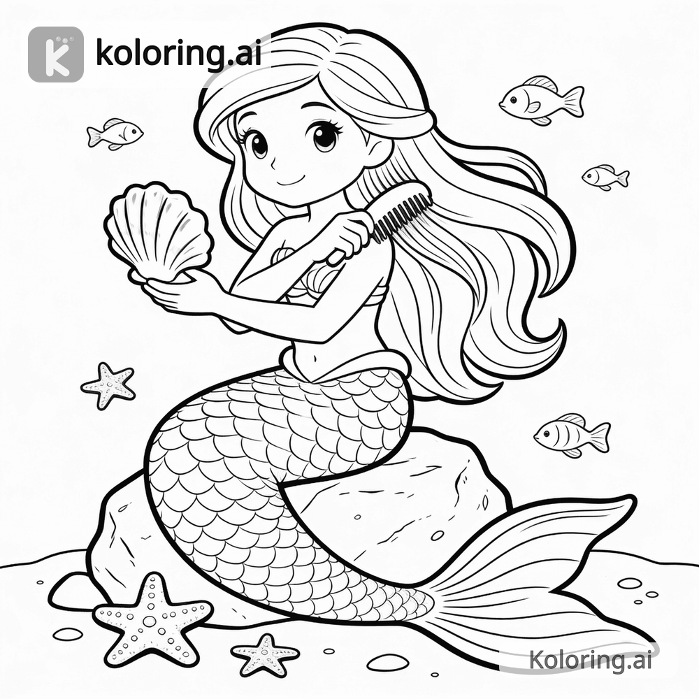Black and white coloring page of mermaid combing her hair with a seashell
