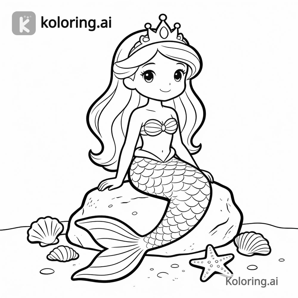 Black and white coloring page of mermaid princess sitting on a rock