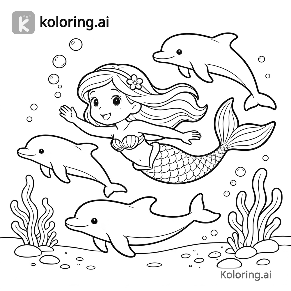 Black and white coloring page of mermaid swimming with dolphins