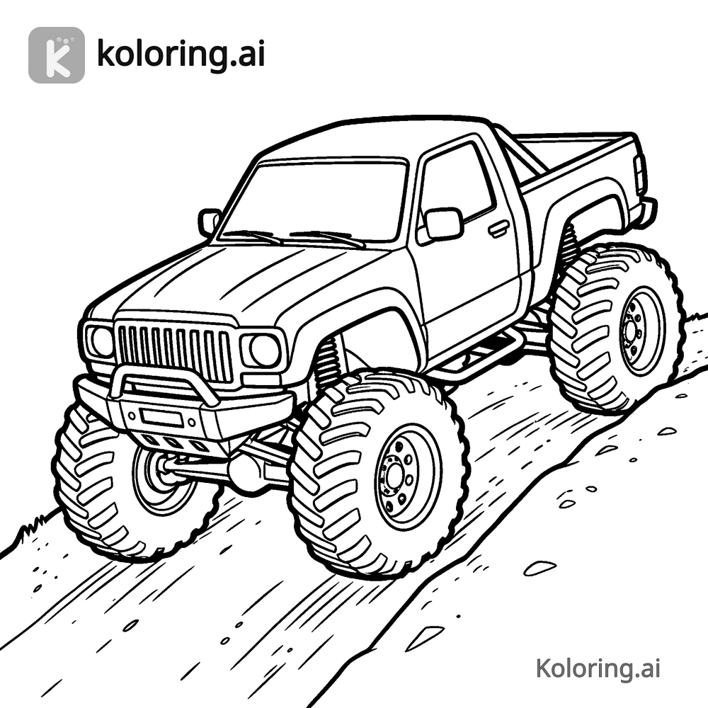 Black and white coloring page of monster truck climbing a steep hill