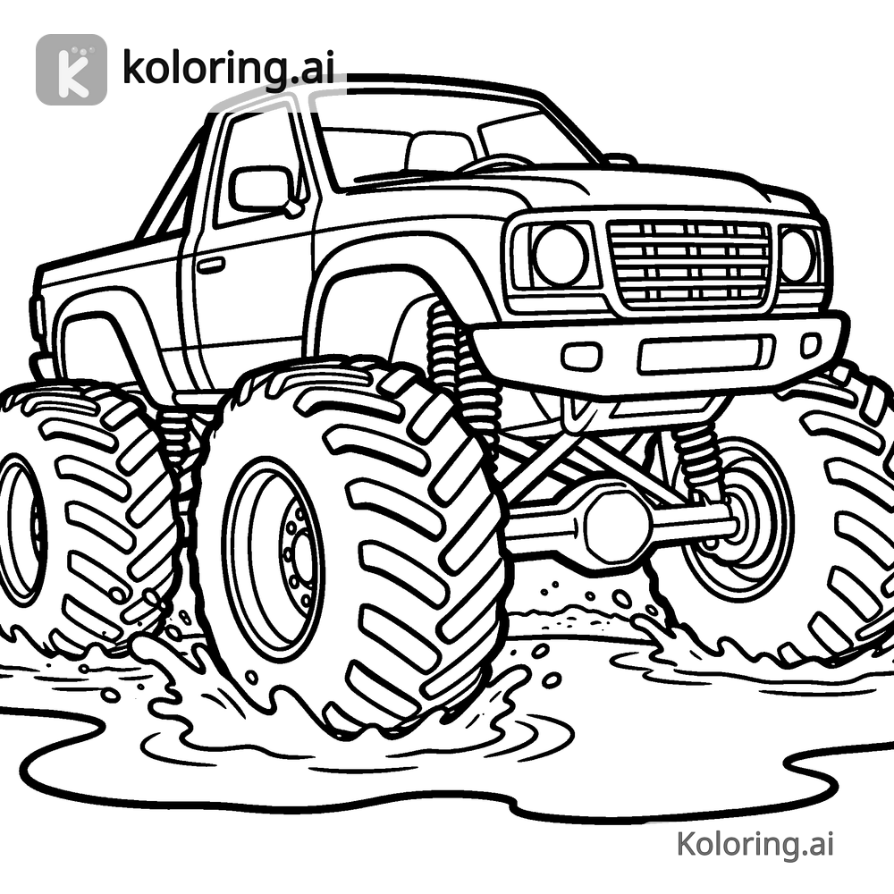 Black and white coloring page of monster truck driving through a puddle