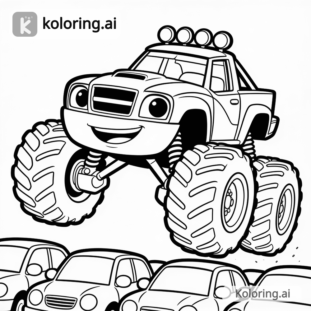 Black and white coloring page of monster truck crushing cars at a stadium