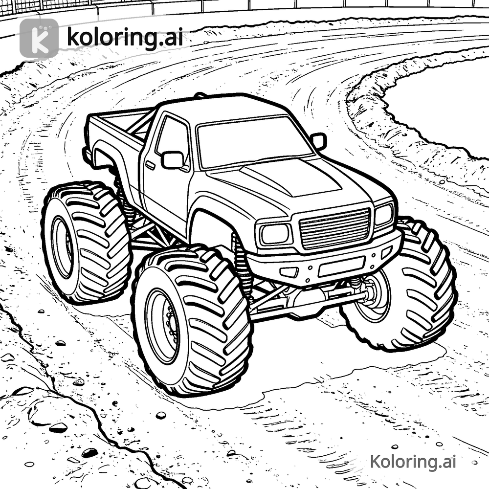 Black and white coloring page of monster truck on a dirt race track