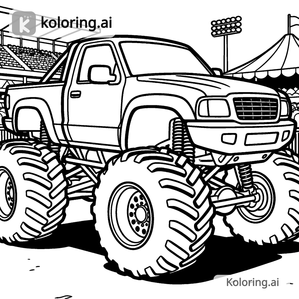 Black and white coloring page of monster truck parked at a truck show