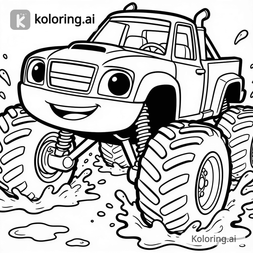 Black and white coloring page of monster truck splashing through mud