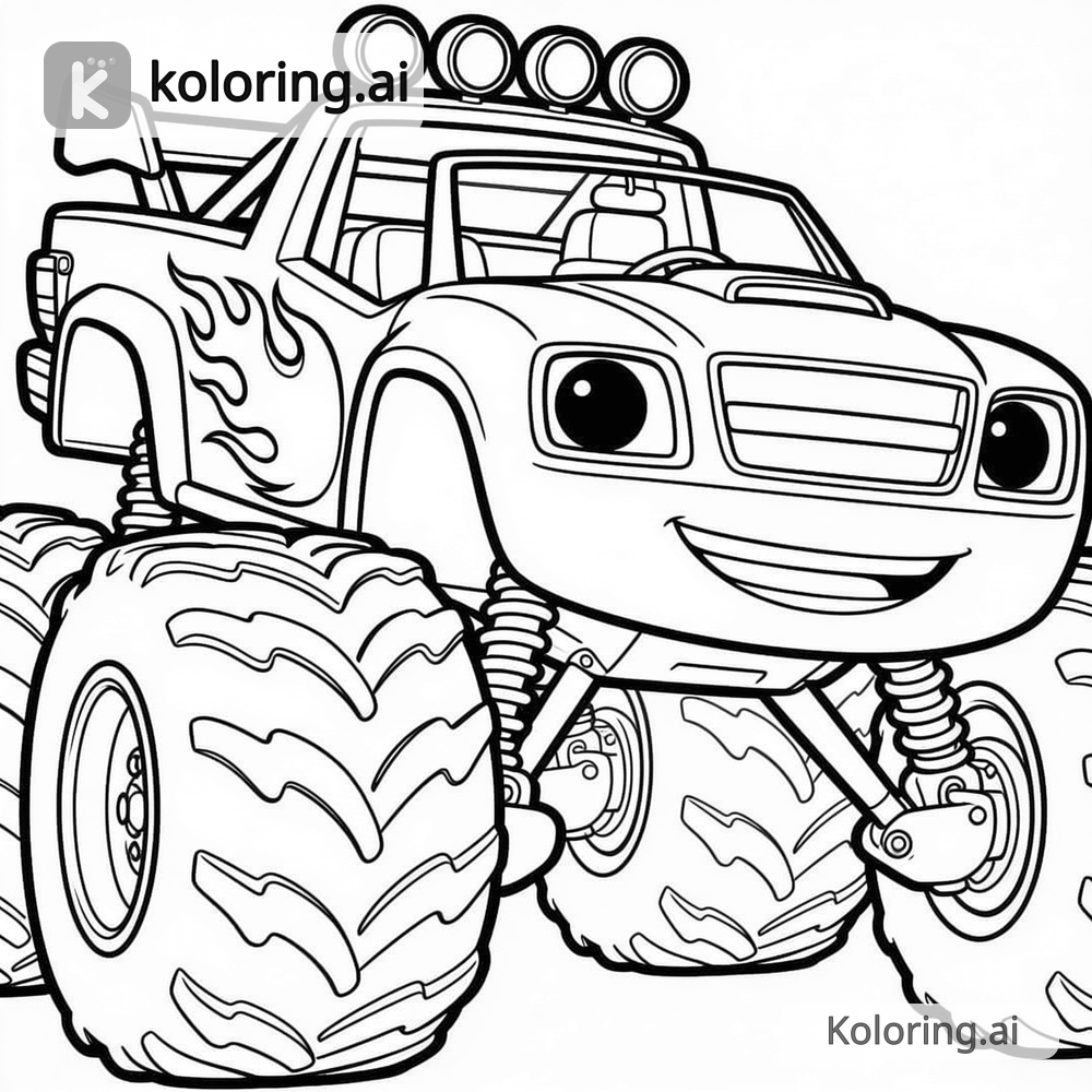 Black and white coloring page of monster truck with giant flame decals