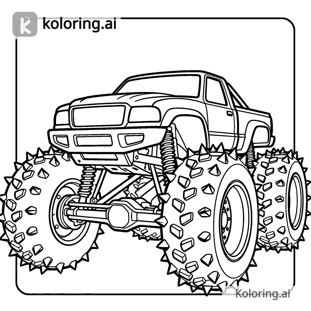 Black and white coloring page of monster truck with giant spiked tires
