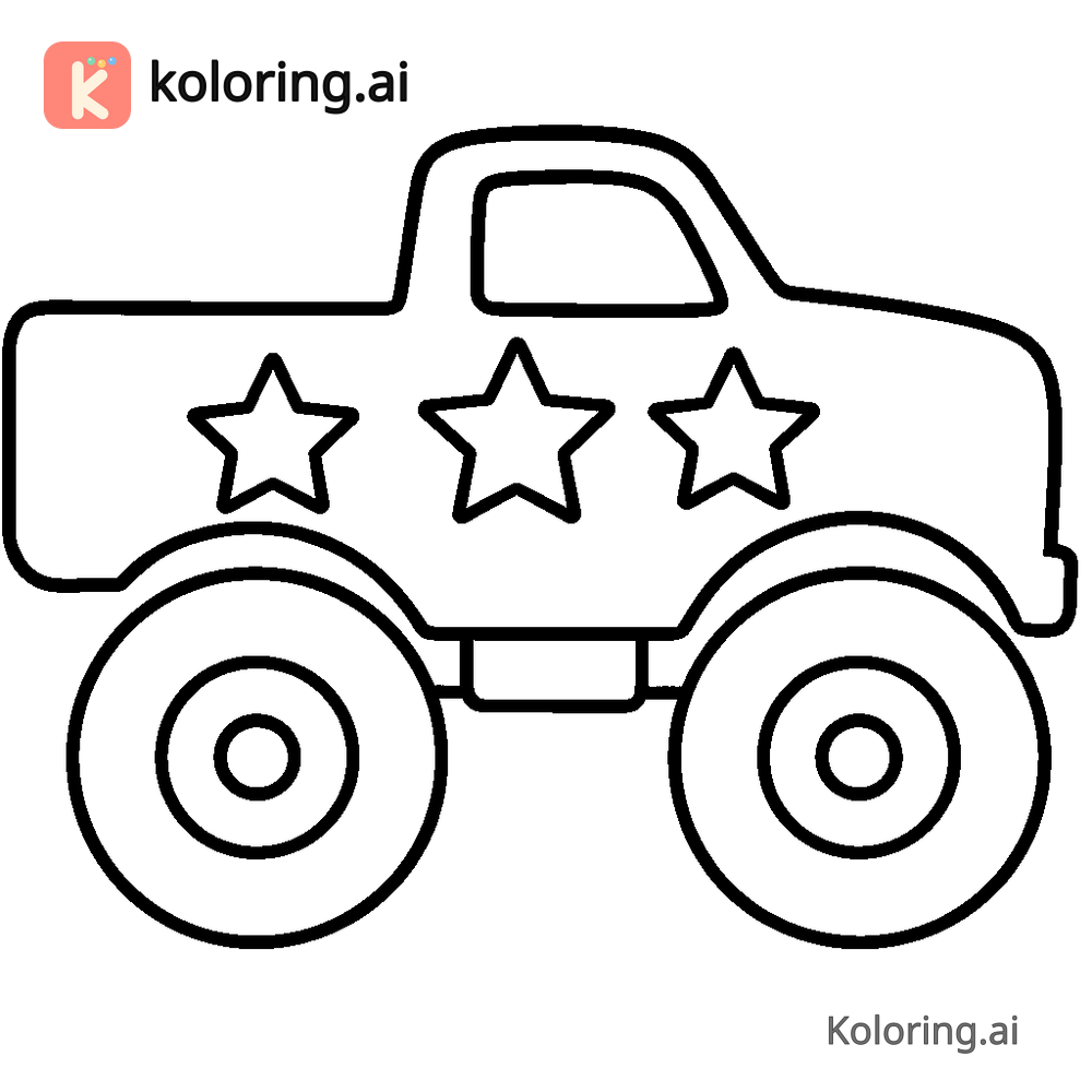 Black and white coloring page of monster truck with star-patterned decals