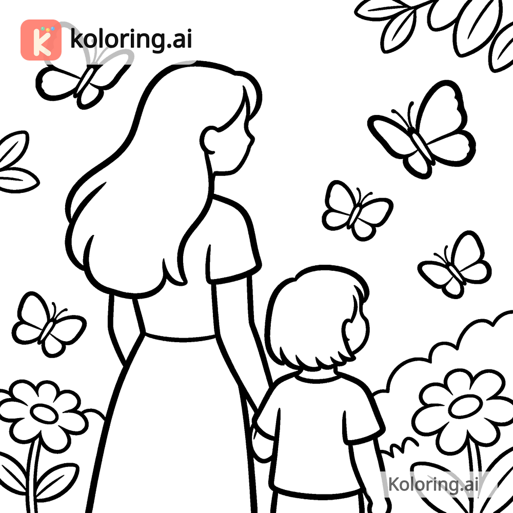Black and white coloring page of butterfly garden with mom and child watching