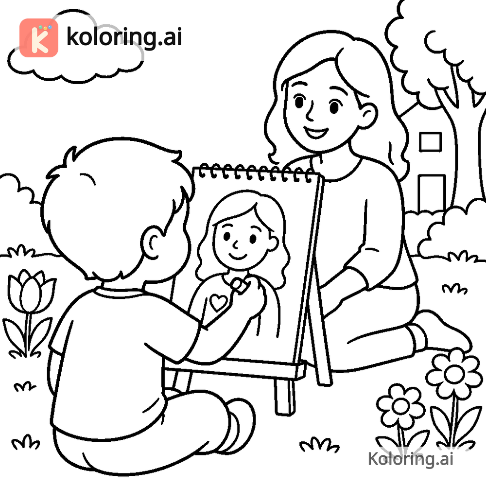 Black and white coloring page of child drawing a portrait of mom in a garden