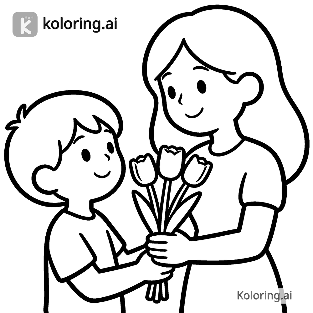 Black and white coloring page of child presenting mom with a bouquet of tulips