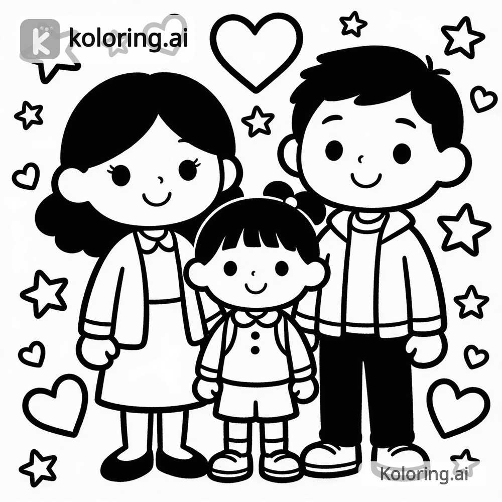 Black and white coloring page of family portrait with hearts and stars