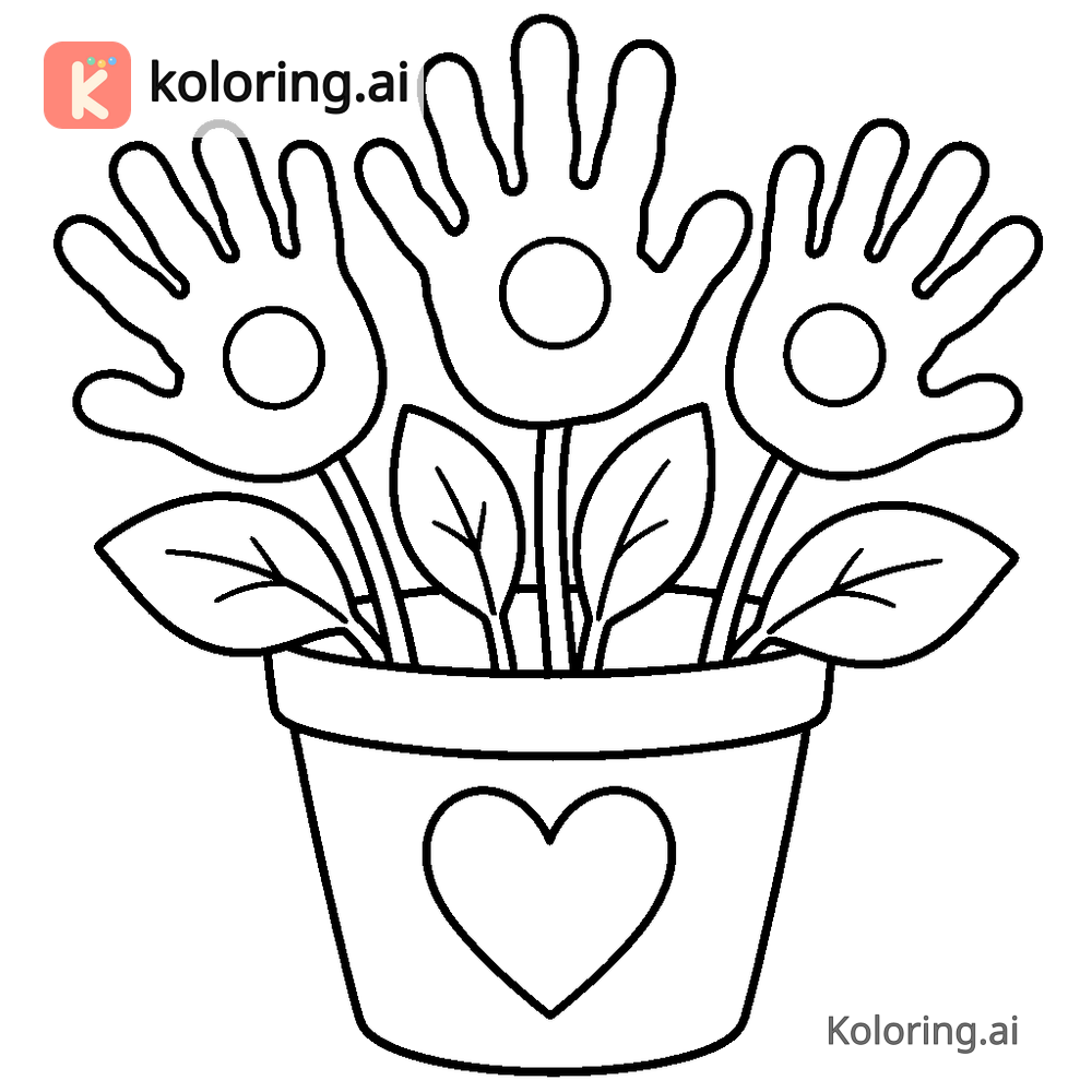 Black and white coloring page of handprint flower bouquet in a painted pot