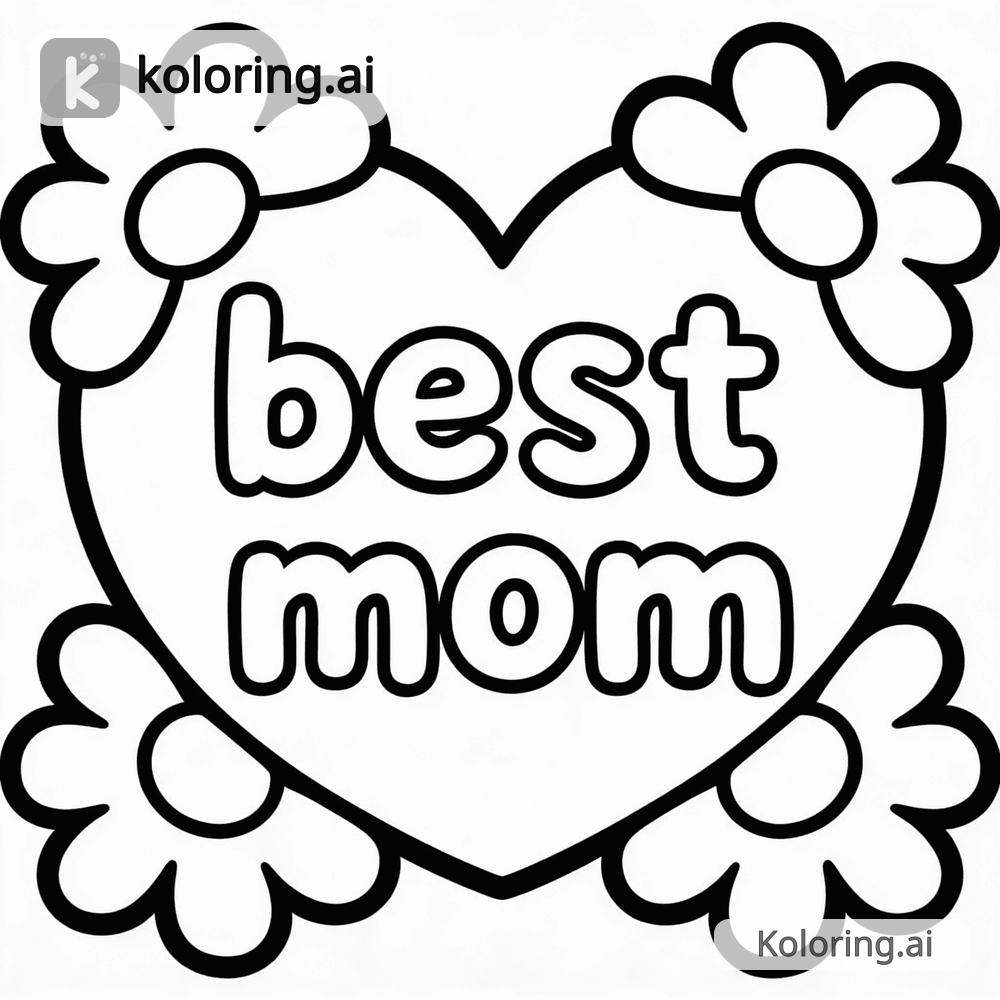 Black and white coloring page of heart card that says best mom with flowers