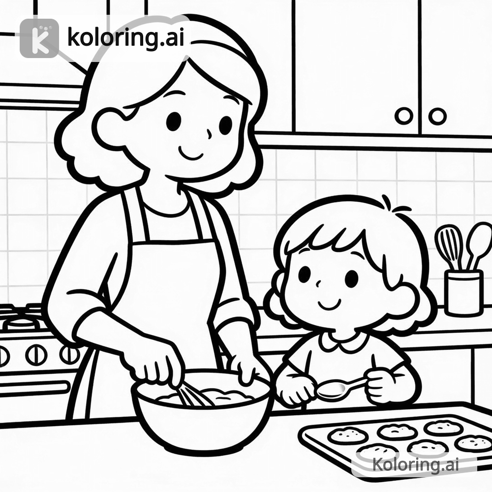 Black and white coloring page of mom and child baking together