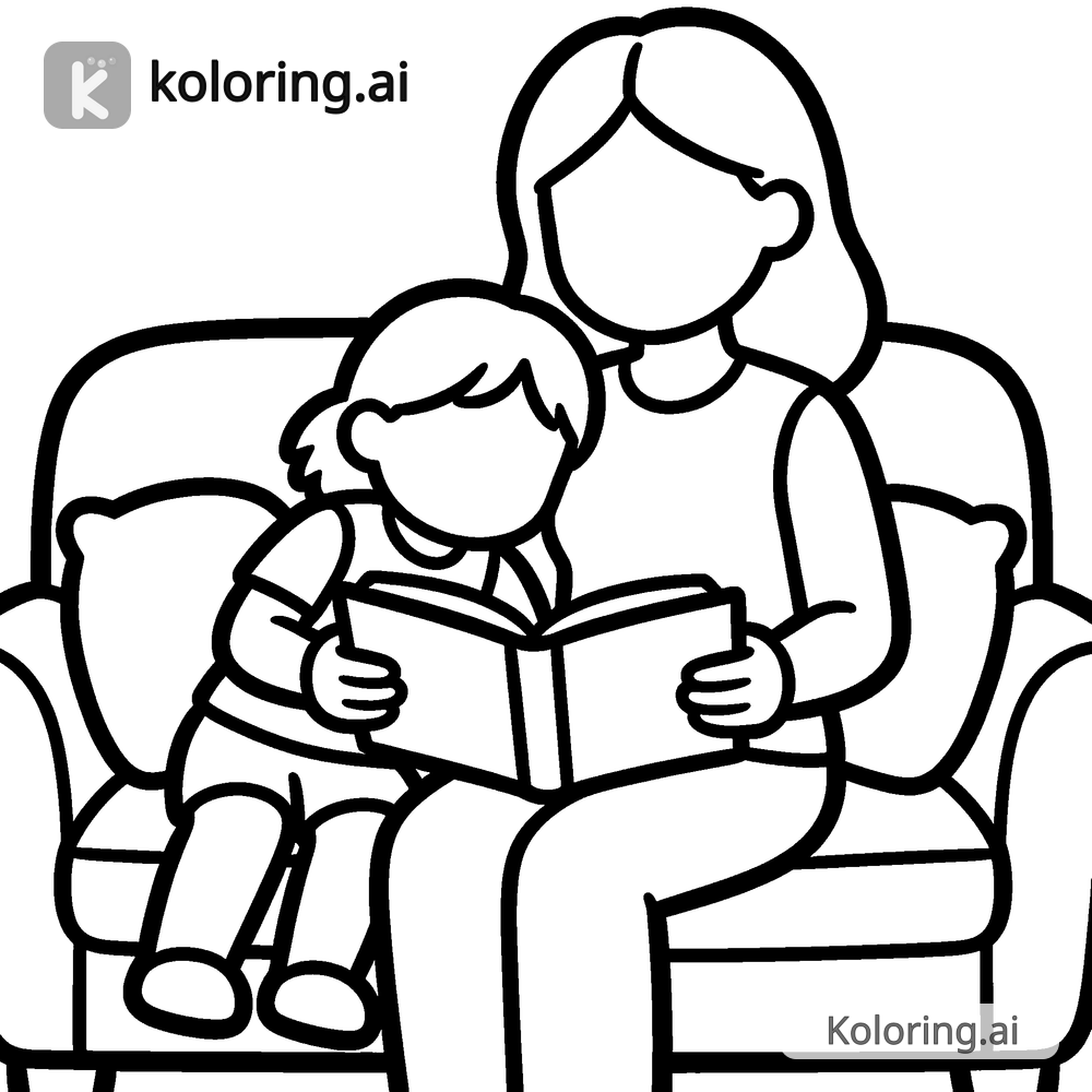 Black and white coloring page of mom and child cuddling on a cozy couch with a book