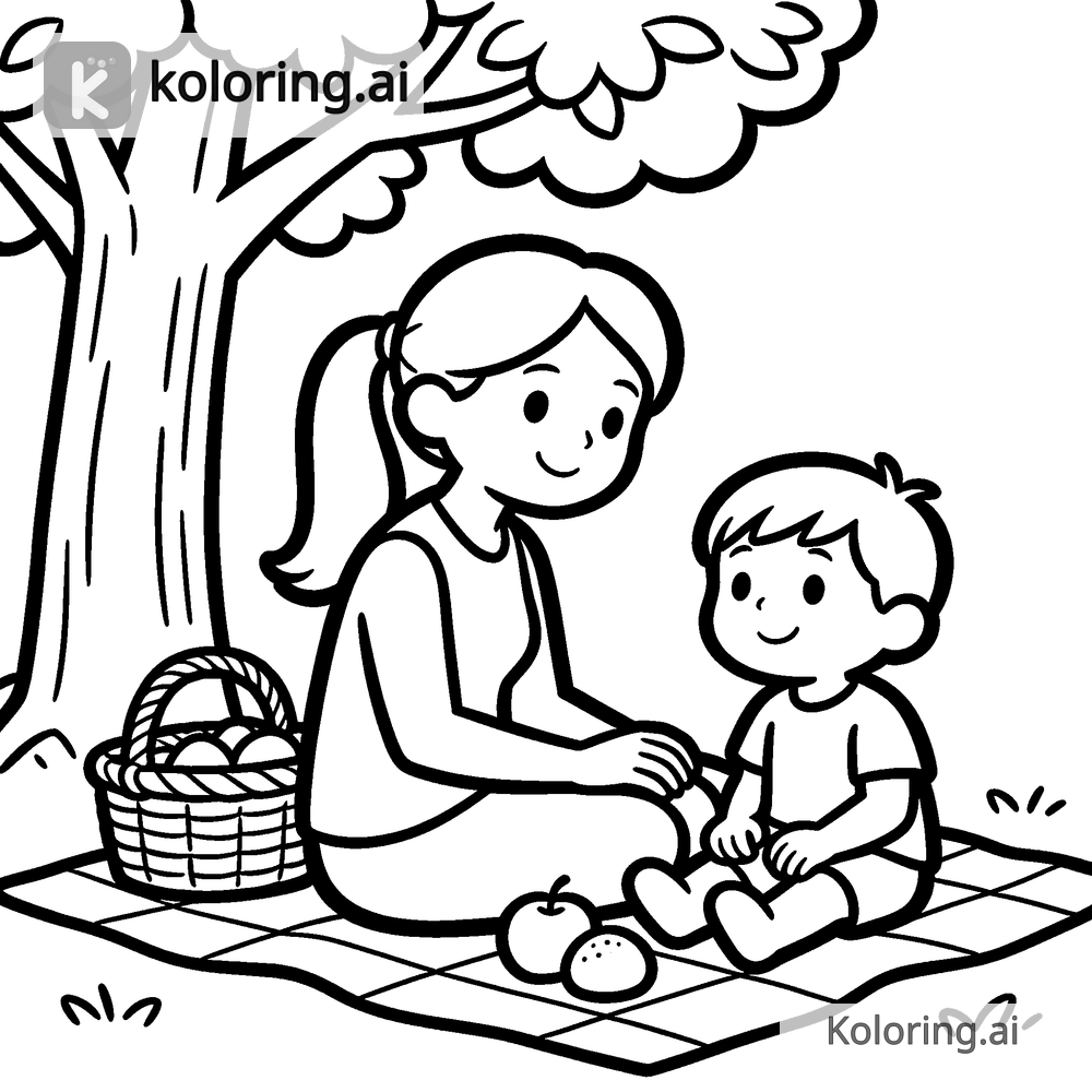 Black and white coloring page of mom and child having a picnic under a tree