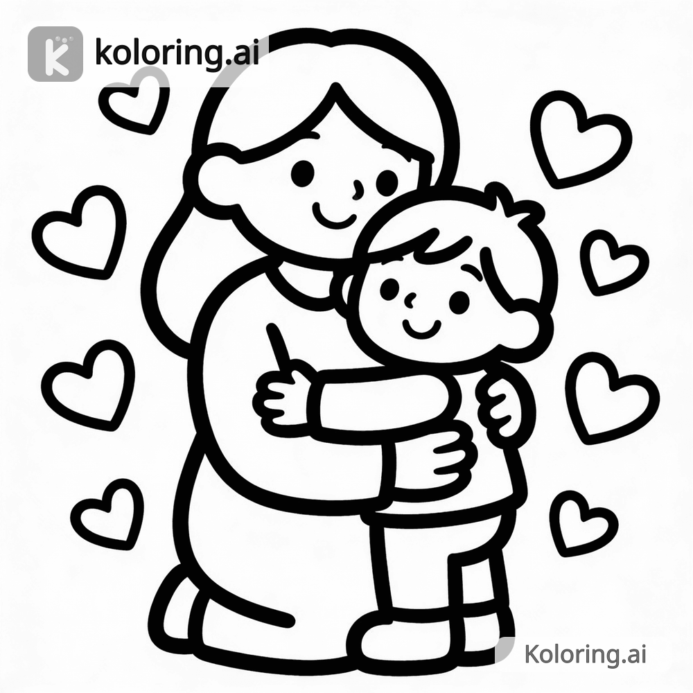 Black and white coloring page of mom and child hugging with hearts around them