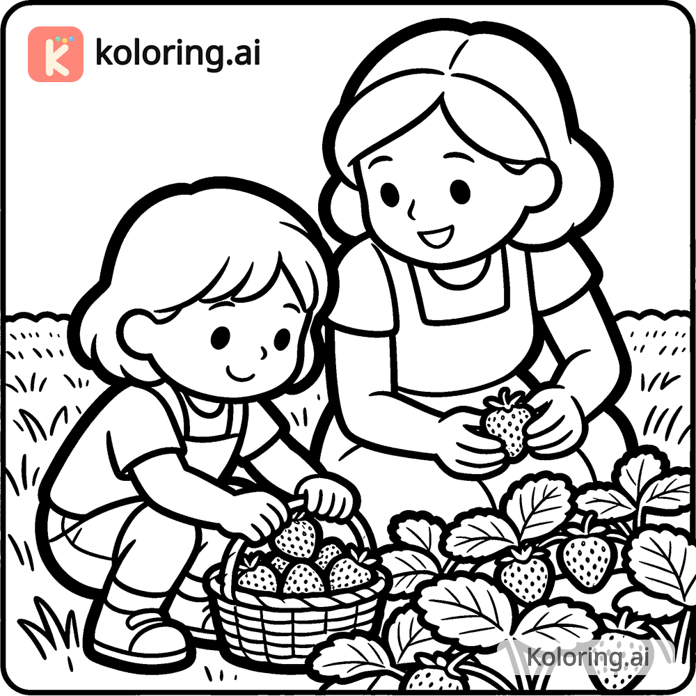 Black and white coloring page of mom and child picking fresh strawberries in a field