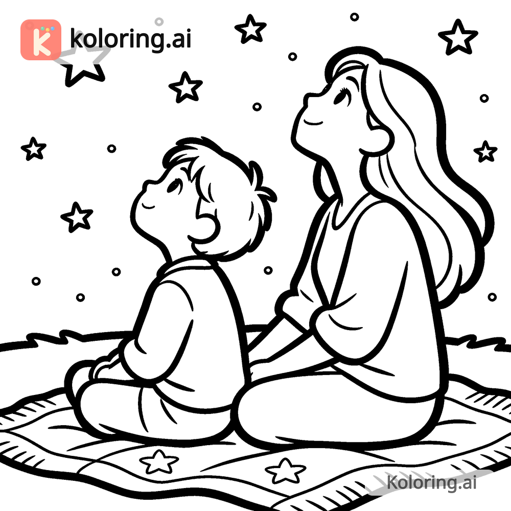 Black and white coloring page of mom and child stargazing on a blanket at night