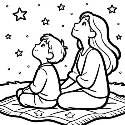 Color Mom and Child Stargazing on a Blanket at Night together