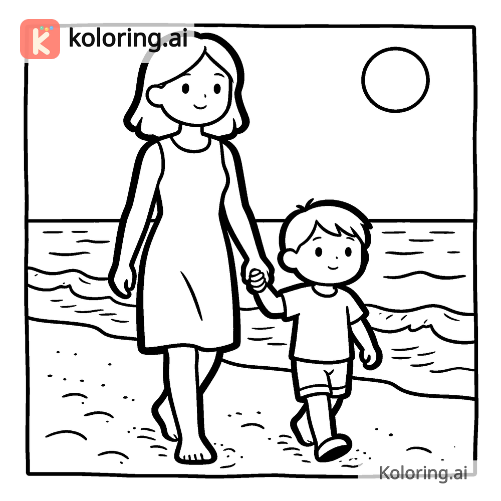 Black and white coloring page of mom and child walking hand in hand on a beach