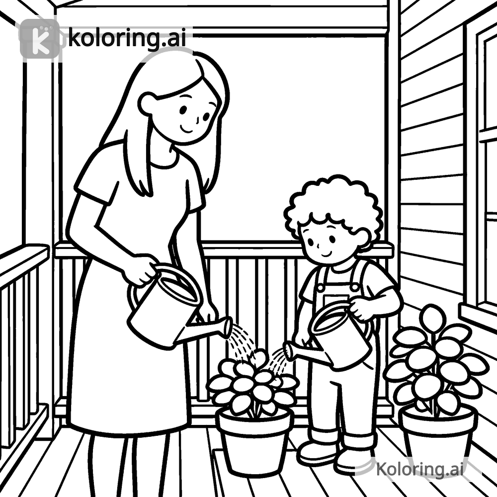 Black and white coloring page of mom and child watering potted plants on a porch