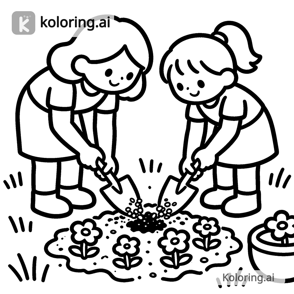 Black and white coloring page of mom and daughter planting flowers in a garden