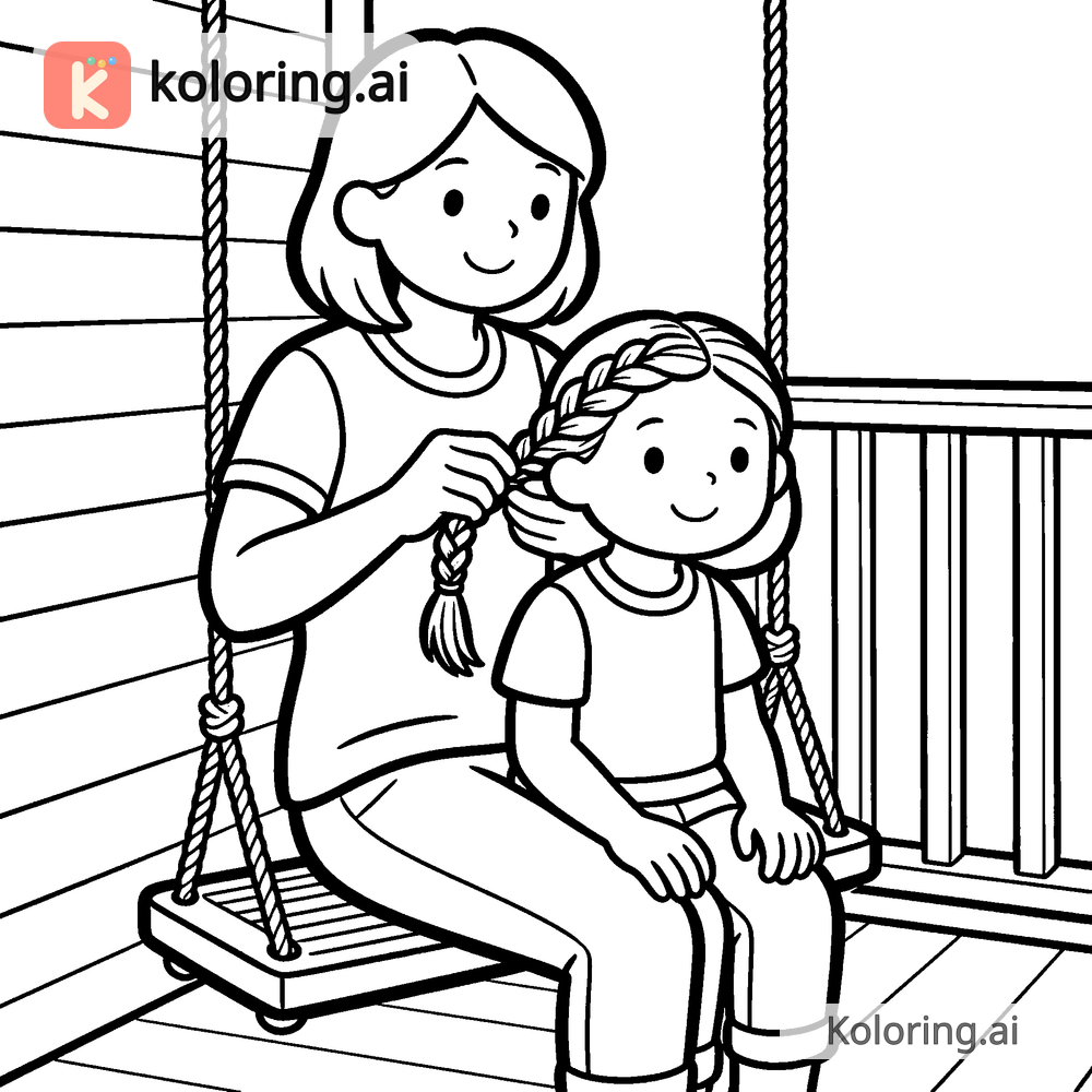 Black and white coloring page of mom braiding her daughter's hair on a porch swing