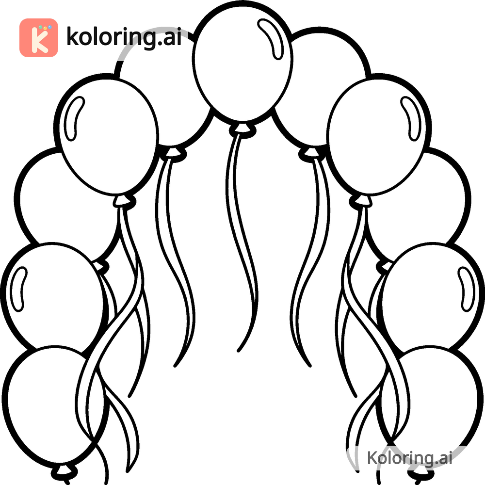 Black and white coloring page of balloon arch draped with streamers