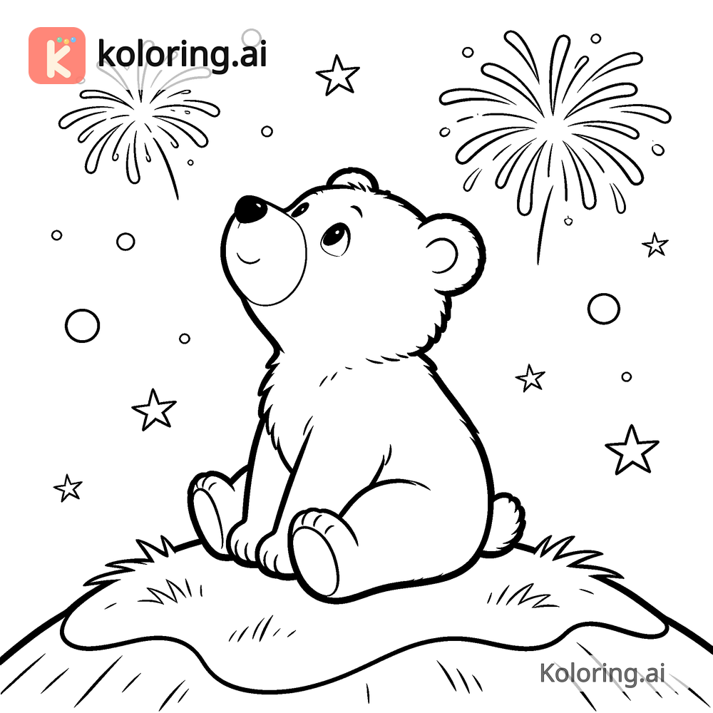 Black and white coloring page of bear cub watching fireworks from a hilltop