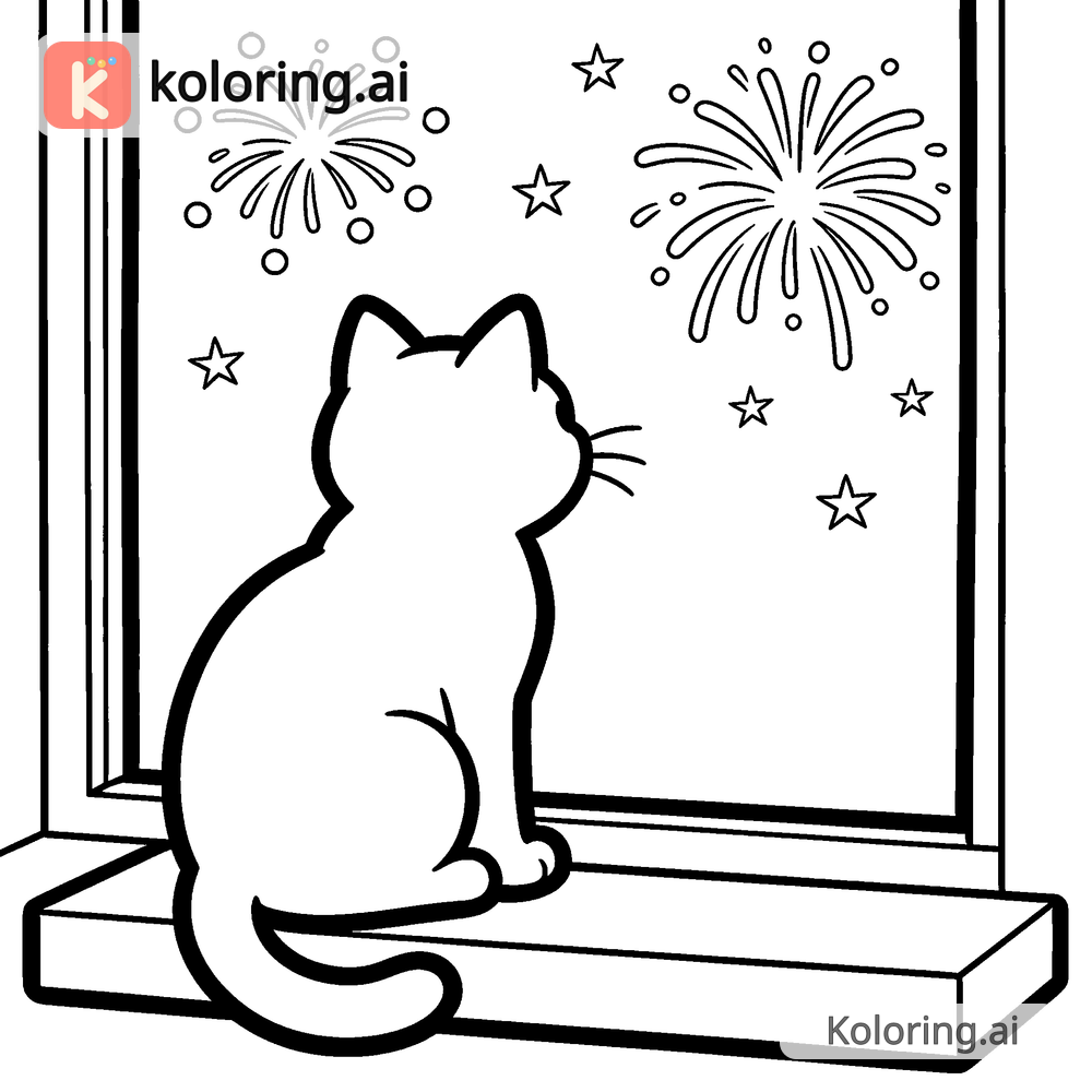Black and white coloring page of cat watching fireworks from a windowsill