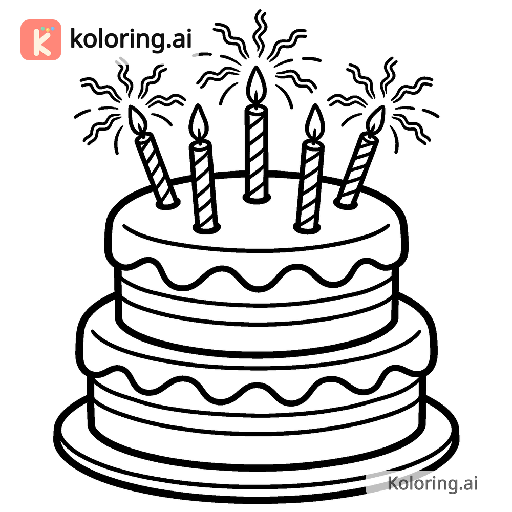 Black and white coloring page of celebration cake topped with sparkler candles